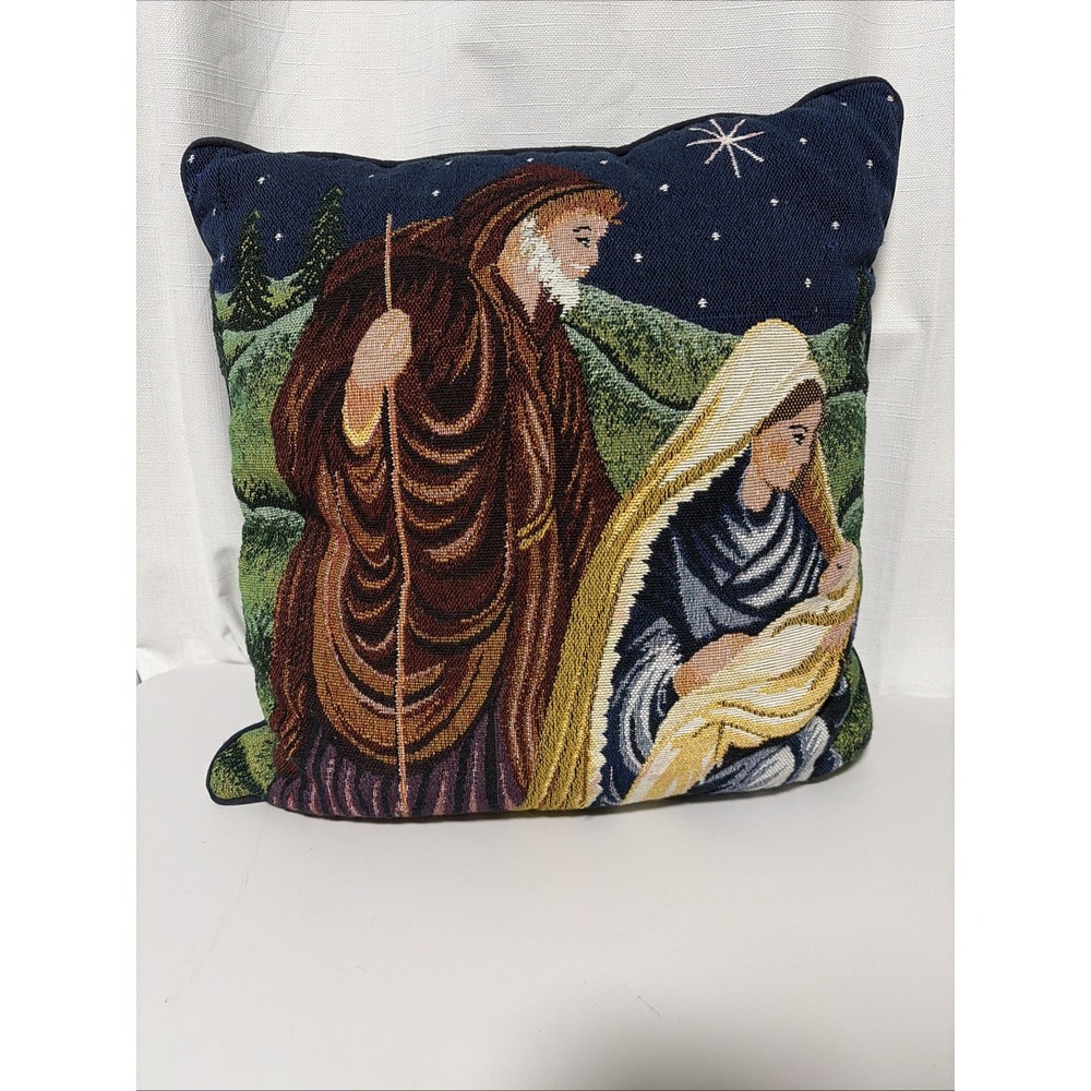Christmas Nativity Tapestry Throw Pillow Jesus Mary Joseph Christian Decor 16x16